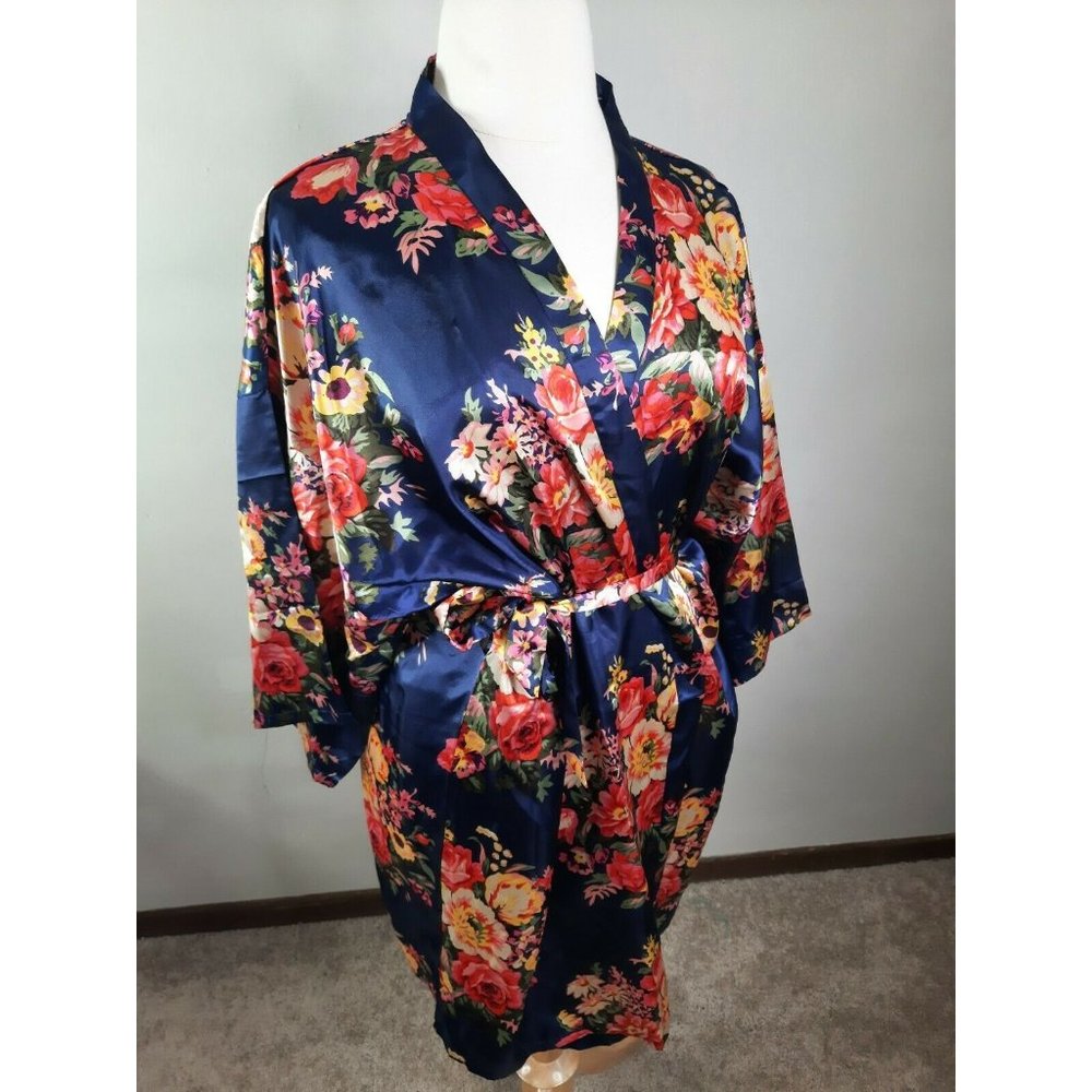 D1 American Cuteness Blue Floral Satin Tie Robe XL